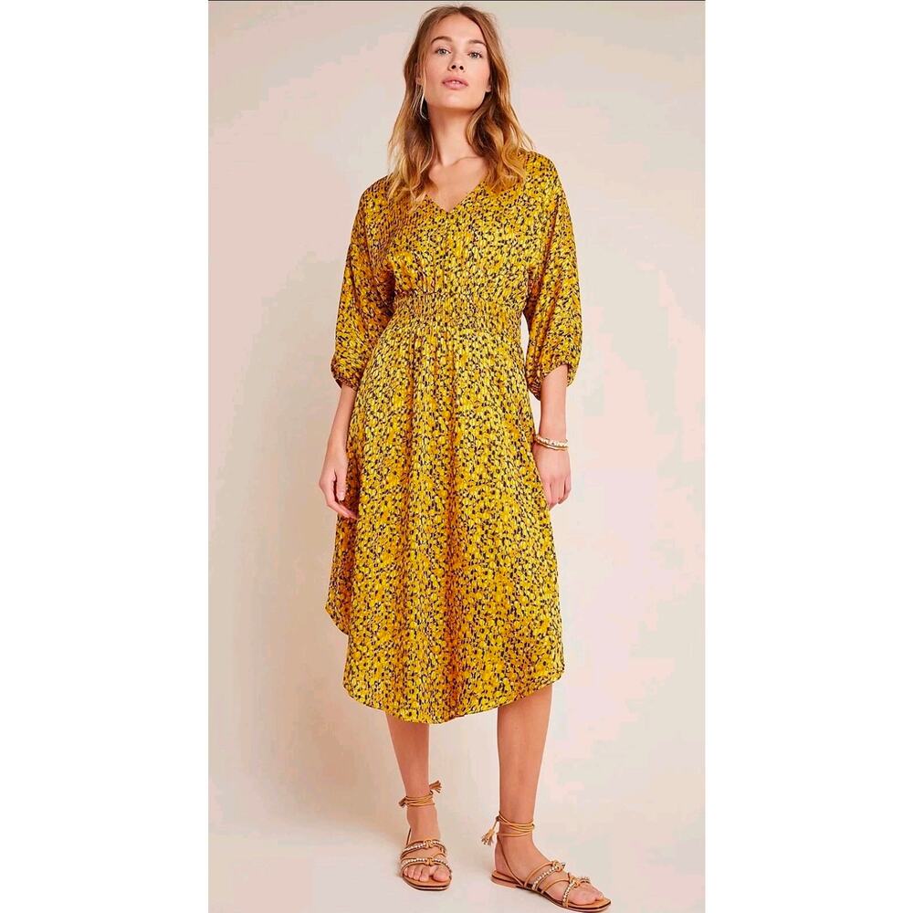 Anthropologie A+ Marigold Printed Midi Dress Plus 1X Puff Sleeve Smocked Waist